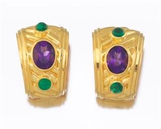 David Yurman Gold, Amethyst and Emerald Cabochon Earrings 