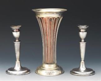 Dominick  Haff Sterling Silver Vase with Copper Insert and Pair of Silver Plated Candlesticks 