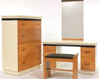 Donald Deskey for Amodec Chest of Drawers, Vanity with Mirror and Bench
