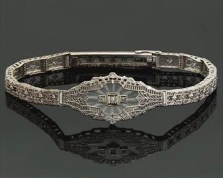 Edwardian Gold, Camphor Glass and Diamond Filigree Bracelet