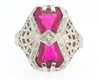 Edwardian Gold, Red Stone and Diamond Filigree Ring 