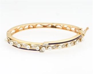 Edwardian Style Gold, Seed Pearl, Diamond and Enamel Bangle 