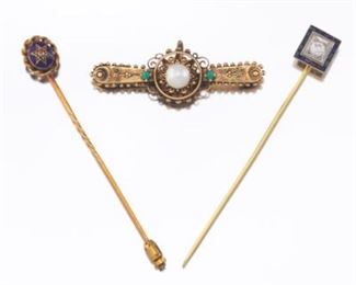 Etruscan Revival Victorian Pearl and Turquoise Brooch, and Two Stickpins 