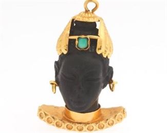 Exquisite Blackamoor Gold, Carved Ebony and Turquoise Pendant 