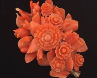 Finely Carved Floral Brooch with Gold Stem 