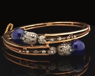George IV Rose Gold, Silver, Lapis Lazuli and Rose Cut Diamond Bangle, ca. early 19th Century 