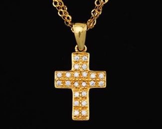 Gold and Diamond Cross on Triple Chain Necklace 