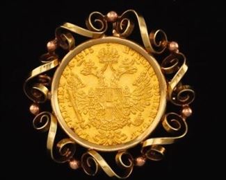 Gold Coin and Gold Scroll Frame with AustroHungarian Coin