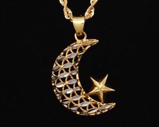 Gold Crescent Moon with Star Pendant on Rope Chain 