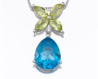 Gold, Blue Topaz, Peridot and Diamond Pendant on Chain 