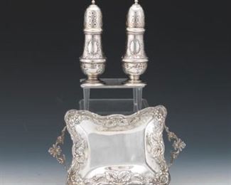 Greek Sterling Silver Ornate Serving Tray and Salt Pepper Sterling Shakers 