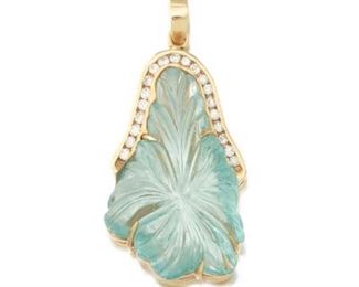 Impressive Lalique Style Gold, Carved Aquamarine and Diamond Floral Pendant 