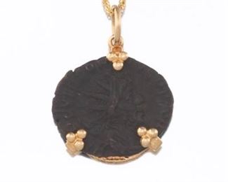 Italian Gold and Antique Roman Bronze Coin Pendant on Chain 