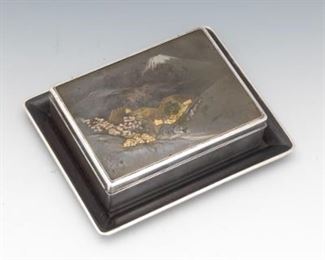 Japanese 950 Silver, Mixed Metals and Rosewood Signed Humidor on Tray
