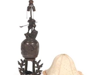 Japanese Bronze Copper Alloy Lamp with Embroidered Silk and Satin Shade 