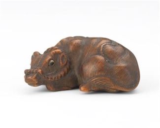Japanese Carved Boxwood Recumbent Ox Signed Netsuke 