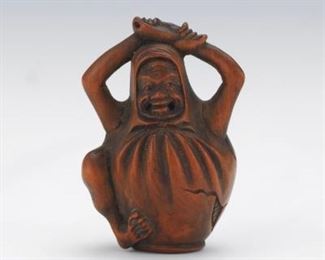 Japanese Carved Boxwood Spirit in Gourd Jar Netsuke 