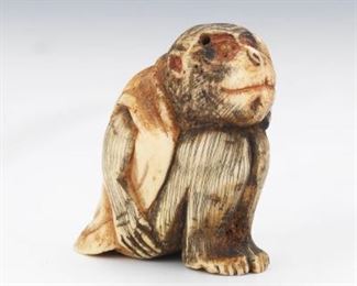 Japanese Carved Netsuke Walrus Tusk Monkey in a Jacket with The Peach Of Immortality