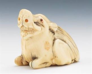 Japanese Carved Sperm Whale Tooth Netsuke of a Happy Spirit Wild Boar