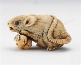 Japanese Carved Sperm Whale Tooth Netsuke of a Rat with Double Peach Branch 