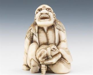 Japanese Carved Sperm Whale Tooth Netsuke of Laohan Holding a Toad 