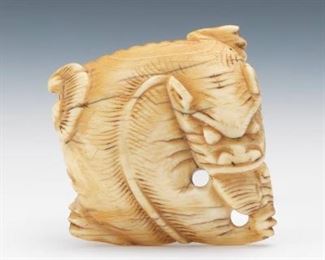 Japanese Carved Sperm Whale Tooth Recumbent Foo Dog with Lingzhi Fungi