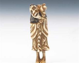 Japanese Carved Walrus Tusk Netsuke of Arhat with a Staff and Double Gourd 