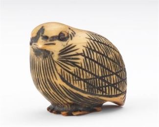 Japanese Carved Walrus Tusk Netsuke of Japanese Quail