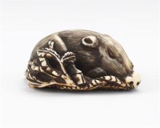 Japanese Carved Walrus Tusk Recumbent Wild Boar on a Pile of Leaves 