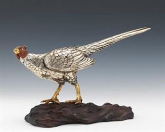 Japanese Mixed Metals and Enamel Pheasant Sculpture on Carved Wood Base, ca. Early 20th Century 