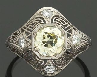 Ladies Art Deco Platinum, Solitaire 1.50 ct Old European Cut Diamond Ring 