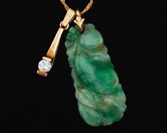 Ladies Carved Jade Pendant and Diamond Pendant on Chain 