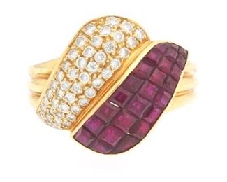 Ladies Charles Krypell Style Gold, Ruby and Diamond Bypass Ring 