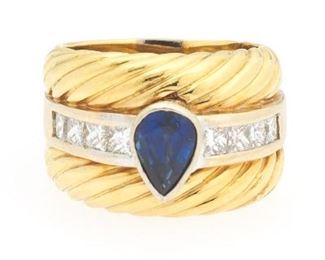Ladies Custom Made TwoTone Gold, Blue Sapphire and Diamond Ring 