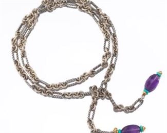 Ladies David Yurman Gold, Sterling Silver, Amethyst and Turquoise Lariat Necklace 