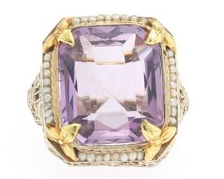 Ladies Edwardian Gold, Amethyst and Seed Pearl Filigree Ring 