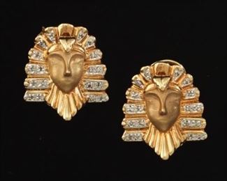 Ladies Egyptian Pharoh Gold and Diamond Pair of Earrings 