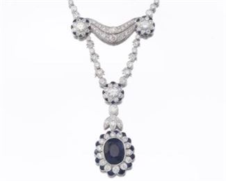 Ladies Gilded Age Style Italian Gold, Blue Sapphire and Diamond Necklace 