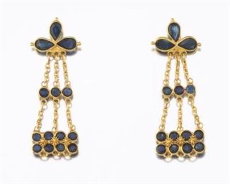 Ladies Gold and Blue Sapphire Pair of Cascade Earrings 