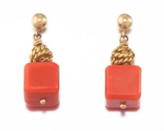 Ladies Gold and Carved Coral Square Bead Pair of Earrings 