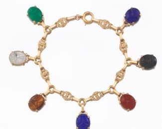 Ladies Gold and Carved Stone Scarab Bracelet 