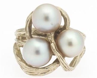 Ladies Gold and Pearl FreeForm Ring 