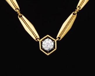 Ladies Gold and Solitaire 1.97 ct Old European Diamond on Fancy Chain Necklace 