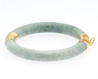 Ladies Gold and White Celadon Jade Tubular Bangle 