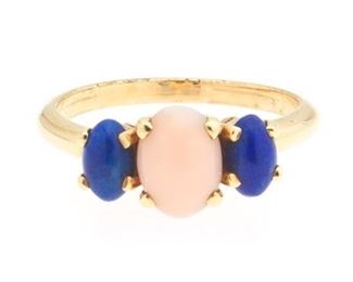 Ladies Gold, Angel Skin Coral and Lapis Lazuli Ring 