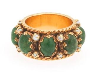 Ladies Gold, Aventurine and Seed Pearl Wide Band