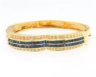 Ladies Gold, Blue Sapphire and Diamond Bangle 