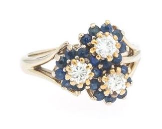 Ladies Gold, Blue Sapphire and Diamond Cocktail Ring 