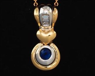 Ladies Gold, Blue Sapphire and Diamond Pendant on Chain 