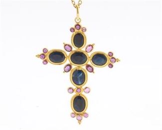 Ladies Gold, Blue Sapphire and Ruby Cross on Fancy Chain 